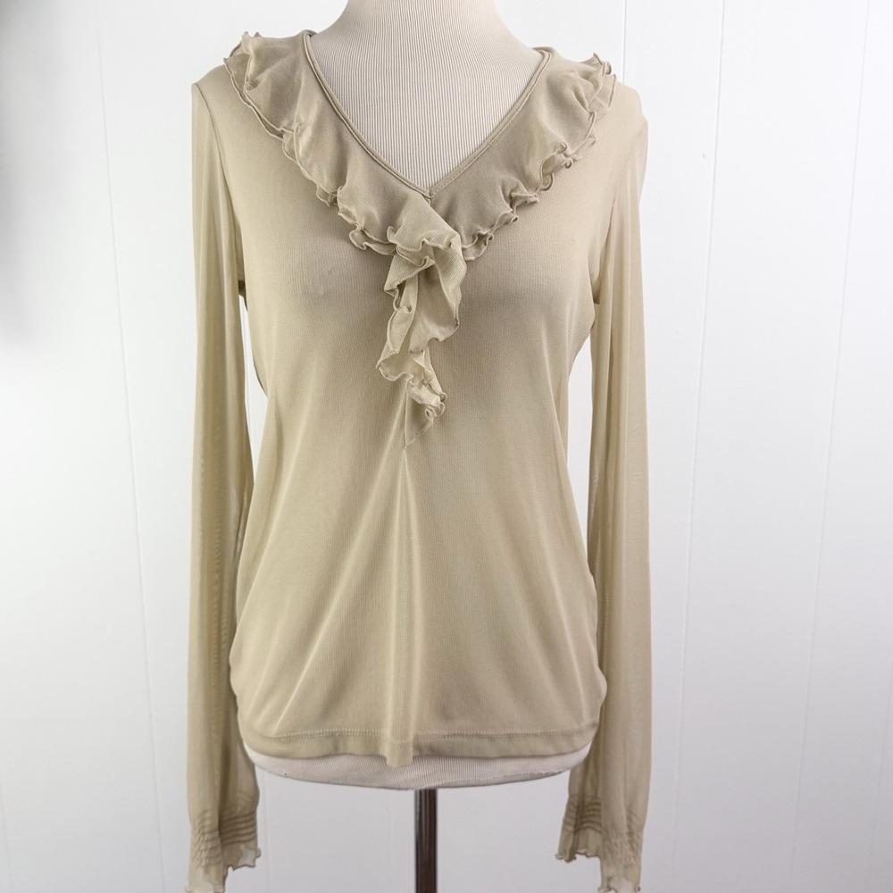 Sheer Nude Long Mesh Ruffle TOP small Y2K Neutral Sexy Fairy NEW YORK & COMPANY